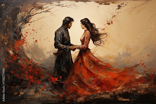 A painting of a couple in a romantic embrace surrounded by red leaves