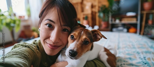 Asian woman and her jack russell terrier puppy take a selfie at home.