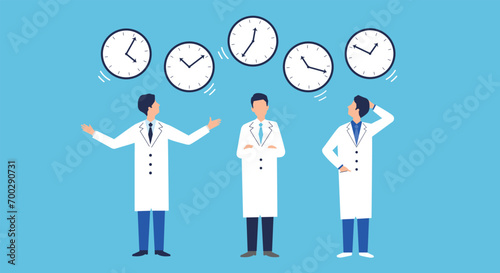 医師の働き方改革のイラストイメージ、ドクターと時計、ベクター