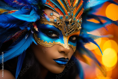 Closeup portrait of a woman in carnival makeup with a masquerade mask