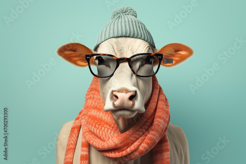 Cow wearing funky hat, hipster glasses and stylish outfit. Humanoid animal posing as a model, isolated on pastel blue background