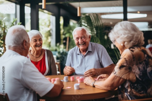 Diverse group of senior people playing cards in nursing home