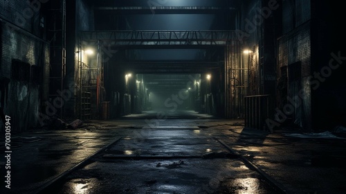 Nighttime entrance to frightening city warehouse loading area
