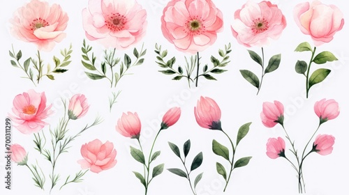  a set of watercolor pink flowers with green leaves and buds on a white background with a place for text.