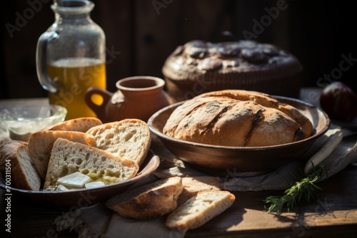 A hearty serving of Skorup, a Serbian delicacy, on a wooden table adorned with fresh produce and warm sunlight