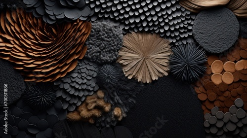  a close up of a bunch of different shapes and sizes of paper flowers on a black surface with a black background.