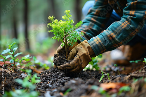 hands in brown gloves are planting a young tree with vibrant green needles in the forest soil