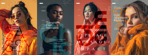 Typography poster design. Posters with four distinct fashion portraits, each overlaid with typography design elements and promotional text