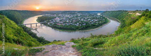 Panoramic view on Zalishchyky town and the Dniester river meander and canyon. National Natural Park Dniester Canyon, Ukraine