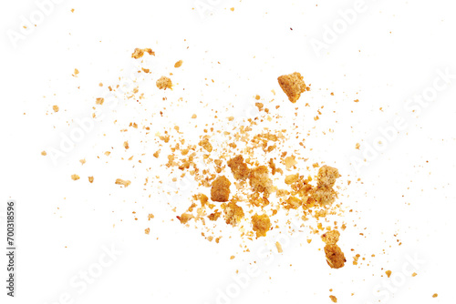 Pile cake crumbs, cookie flying isolated on white, clipping path