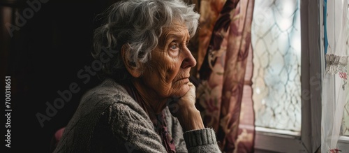 Elderly woman feeling depressed and anxious in her home, saddened by retirement and grief.