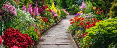 a beautiful garden pathway with colorful flowers