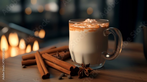 A cup of hot cappuccino with cinnamon and anise