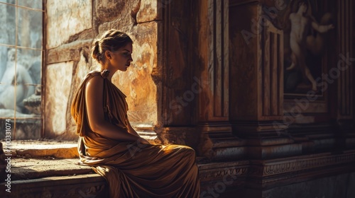 Female model as an ancient Greek philosopher in a classical setting, wisdom and thought.