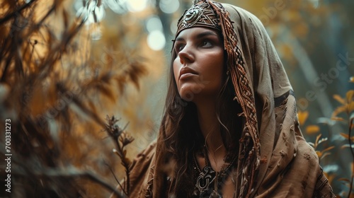 Female model as a Celtic shaman in an ancient grove, spirituality and tradition.