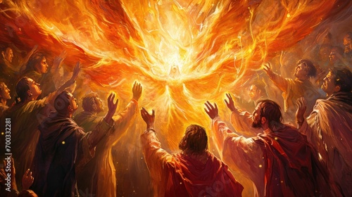 Vibrant scene of Pentecost with disciples receiving the Holy Spirit, depicted with dynamic flames and light
