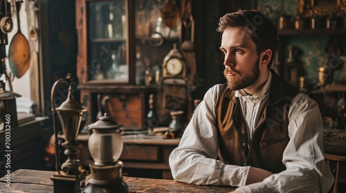 Male model as a Victorian inventor in his workshop, ingenuity and history.