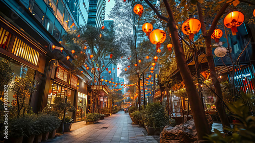 City's district decorated with Chinese lanterns during Chinese New Year.