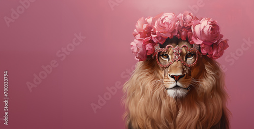 A Fashionable Lioness Wearing a Crown of Rose Flowers. Creative animal concept banner. Isolated on the pastel pink background. Wide banner with copy space