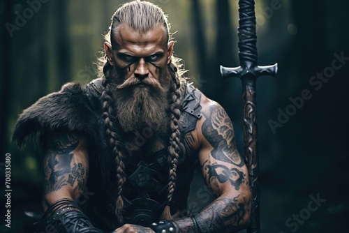 Scandinavian Viking warrior holding an ax and a shied . Generative ai