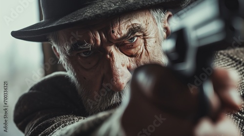 Intense Focus of an Old Man Aiming a Gun, Exuding Grit and Determination in a Thrilling Standoff
