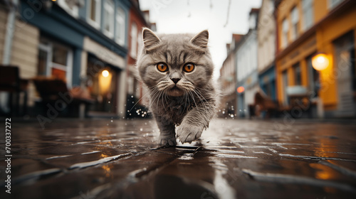 A grey cat with large amber eyes walks towards the camera on a wet cobblestone street with city buildings and warm lights softly blurred in the background