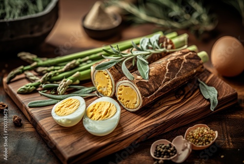 a wooden board with an egg and asparagus rolls in it