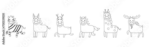 ungulate herbivores animals cartoon flat line for coloring page vector set