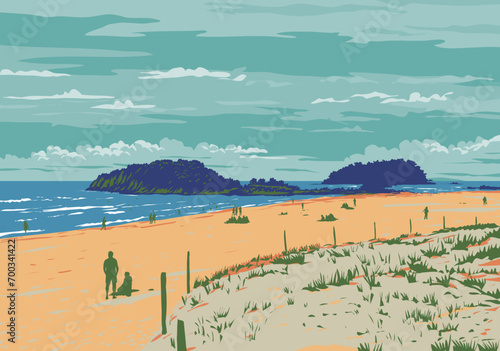 WPA poster art of a white sand surf beach in Mount Maunganui located in Tauranga, Bay of Plenty, New Zealand done in works project administration or federal art project style. 