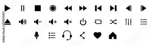 Media player icon set. Collection of multimedia symbols and audio, music speaker, interface, media player button design. Play, pause, stop, record, fast forward, rewind media player vector black icons