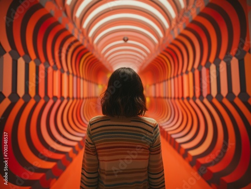 Silhouette of woman standing backword in front of camera and looking at the hypnotized color wall