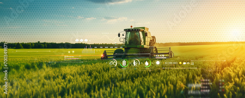 irrigation tractor driving spraying or harvesting an agricultural crop at sunset with information infographic data datum as banner design for agriculture industry and food supply production concepts