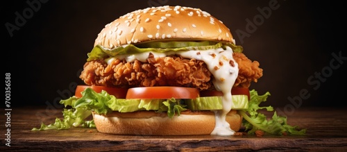 Burger with crispy chicken, lettuce, and mayo.