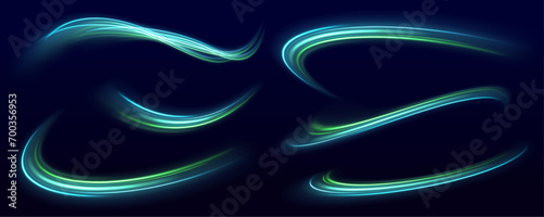 Futuristic dynamic motion technology. Neon color glowing lines background, high-speed light trails effect. Light and stripes moving fast over dark background.