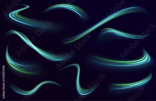 Light trail wave, fire path trail line and filament curve rotation. Big data traffic visualization, dynamic high speed data streaming traffic. Cyberpunk light in motion or light slow shutter effect. 