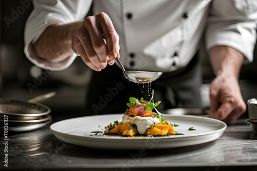 A chef preparing a delicious dish in a fine restaurant.