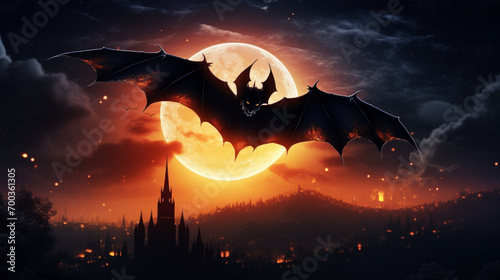 Bat in night sky, full Moon and vampire castle