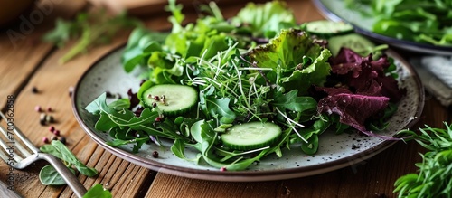 Plate with a healthy salad of greens, cucumber, and avocado.