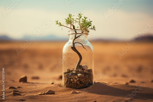 a tree seedling in an oxygen cylinder, desert background, high quality image
