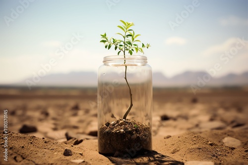 a tree seedling in an oxygen cylinder, desert background, high quality image