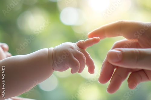 A close-up of a baby's tiny hand reaching to grab an adult's finger, symbolizing care and love.