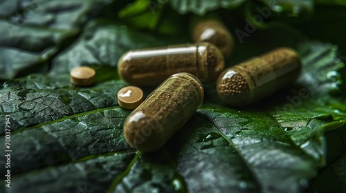 Vegetable capsules on green leaves, medicines of natural origin, health support with herbs