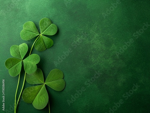 Saint Patrick's day background with clovers and copy space, flat lay