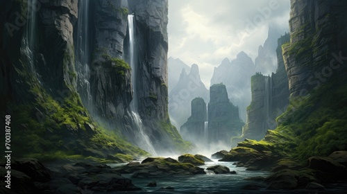 A cascading waterfall framed by towering cliffs.