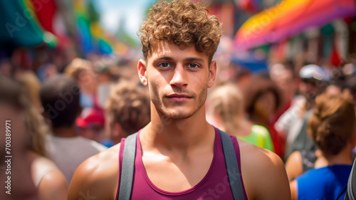 Portrait of a good looking young man at LGBTQIA+ pride March young adult male supporting diversity at a gay pride meeting attractive young man supporting diversity and equality