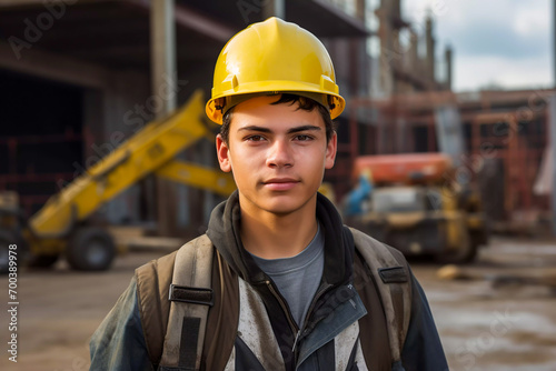 Portrait of a young male construction apprentice on a building site with heavy machinery young skilled building worker in yellow hard hat and safety clothes