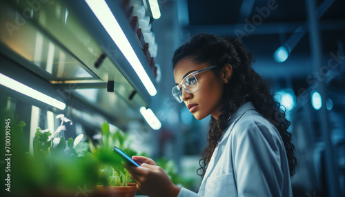 Female Employee or researcher or scientist in a white overall in a vertical farm, indoor farm checks the plants using a tablet or device. Indoor agriculture. Indoor farming. Future of food growing.