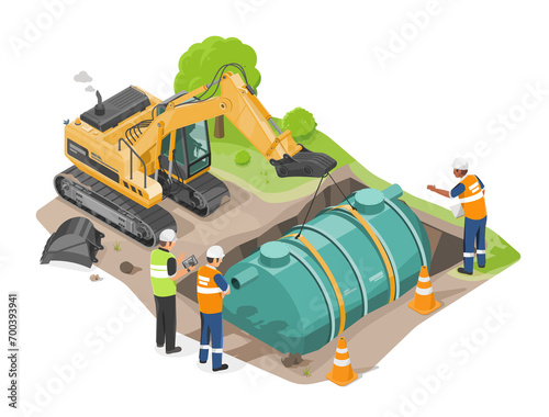 engineer work with worker to install wastewater treatment system tank building construction concept isometric isolated cartoon