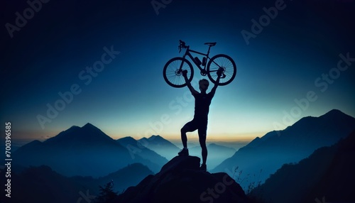 Cyclist silhouette with bicycle raised to the sky on a mountain, symbolizing victory