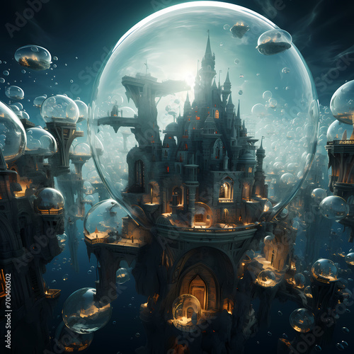 Underwater city with transparent domes and sea life
